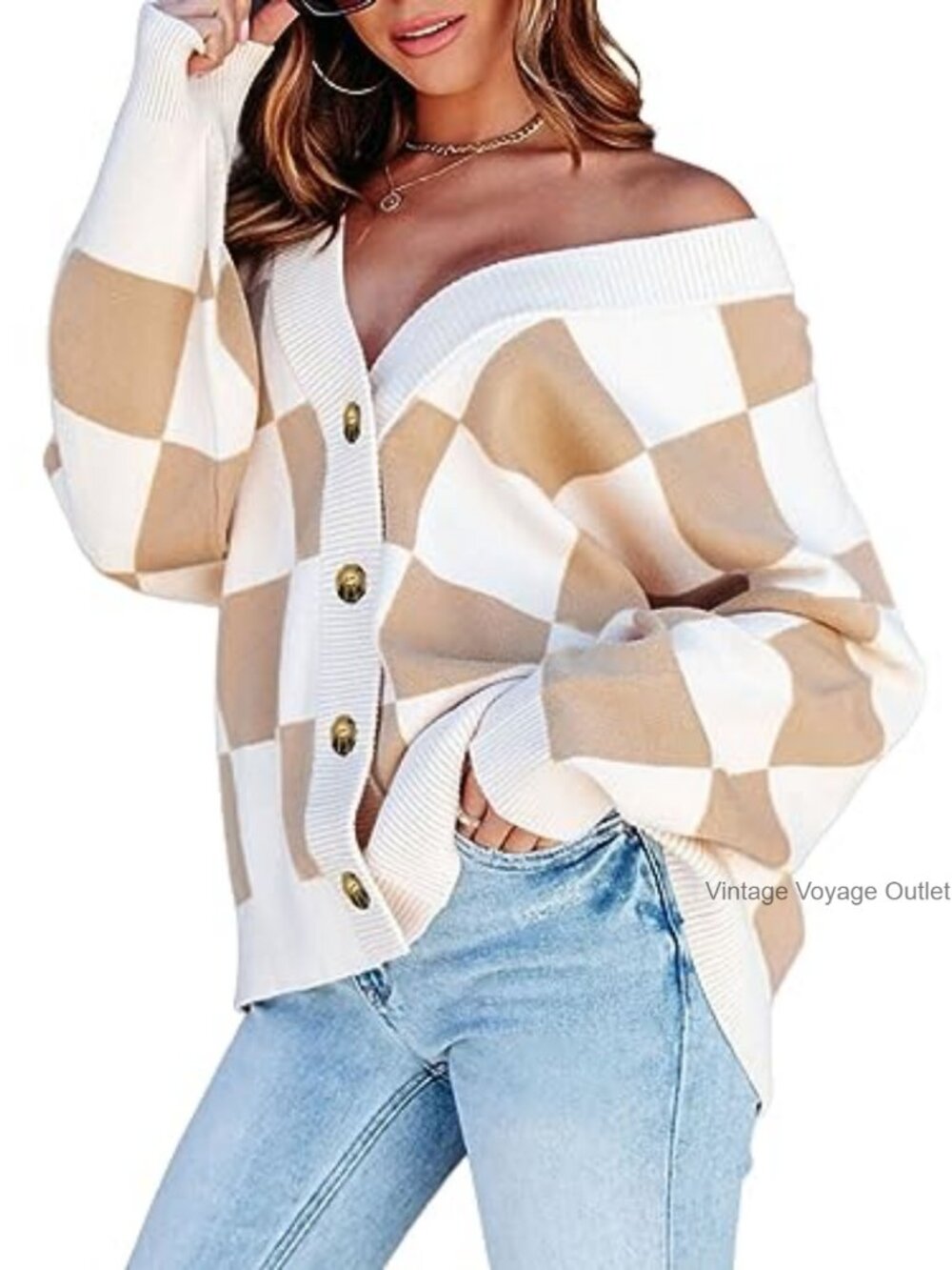 Cable Knit Plaid Cardigan Sweater Button Down V Neck Oversized